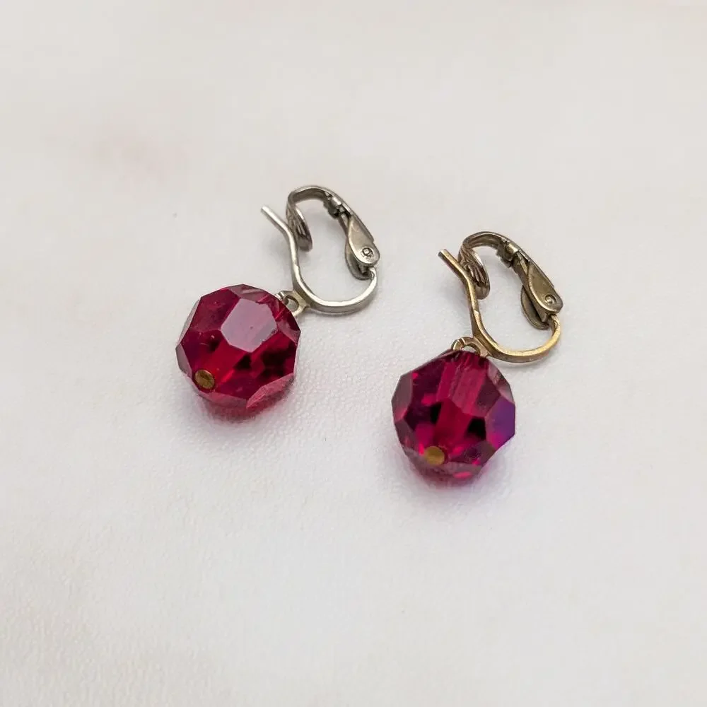 Vintage Clip On Earrings Red Faceted Dangle with Iridescent Finish